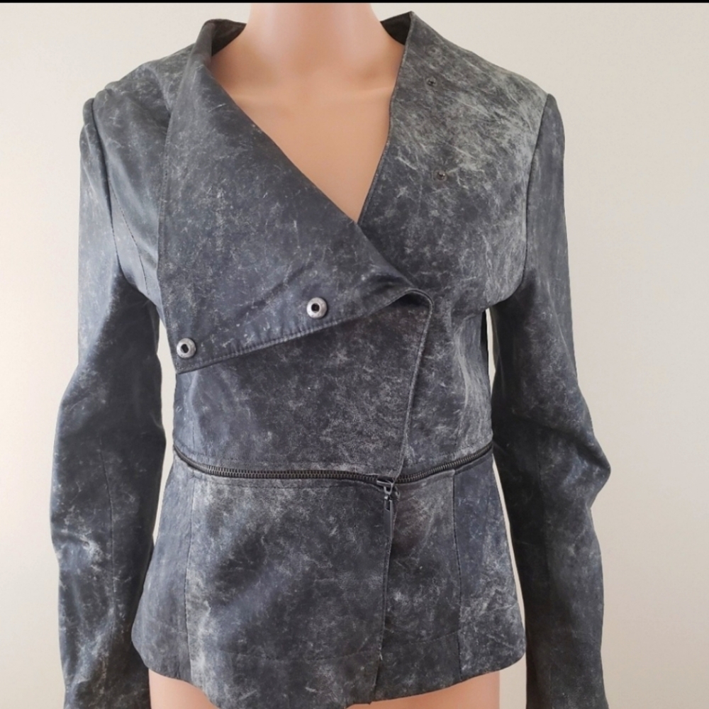 Blanc Noir Convertible Crop Genuine 100% Leather Jacket, 3 Snap Closure